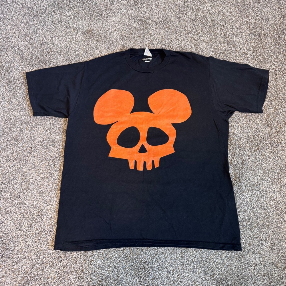 Mickey Mouse Skull Halloween Black T-Shirt with Orange Graphic Men's Size Large